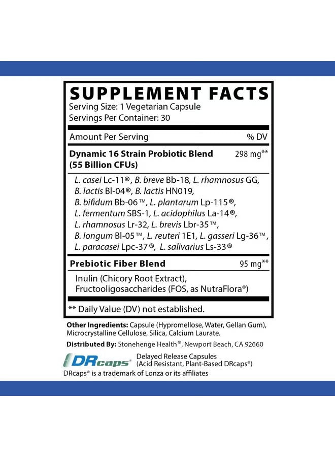 Stonehenge Health Dynamic Biotics Probiotic β 55 Billion CFU, 16 Strains with Prebiotic for Digestive & Gut Health Support