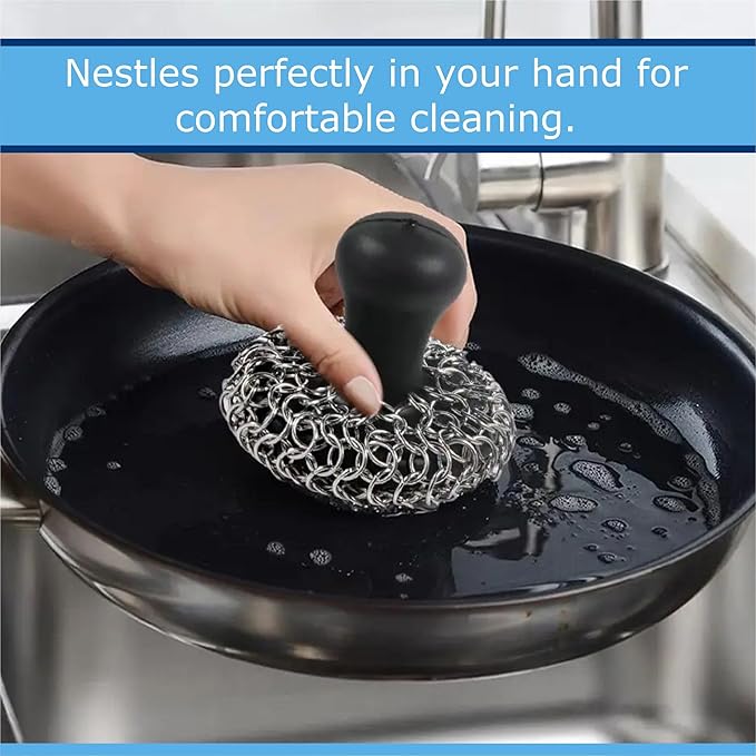 316L Stainless Steel Chainmail Scrubber โ Cast Iron Skillet, Pan & Grill Cleaner (Dishwasher Safe)