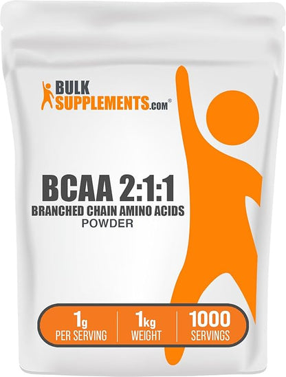 BulkSupplements BCAA 2:1:1 Powder – Branched Chain Amino Acids, Unflavored & Gluten-Free – 1kg (2.2 lbs)