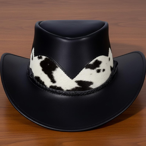 Handmade Black Leather Cowboy Hat Cow Print Band – Western Rodeo Style