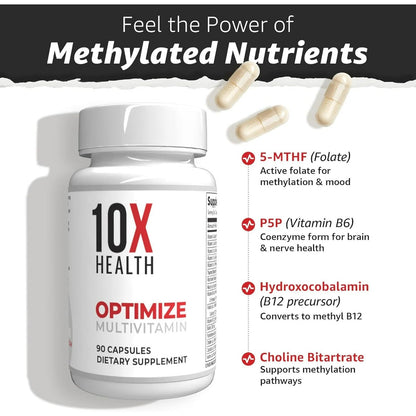 10X Health Optimize Multivitamin – Methylated Formula for Energy, Immunity & Overall Health, 90 Capsules