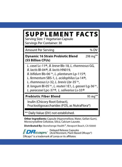 Stonehenge Health Dynamic Biotics Probiotic – 55 Billion CFU, 16 Strains with Prebiotic for Digestive & Gut Health Support