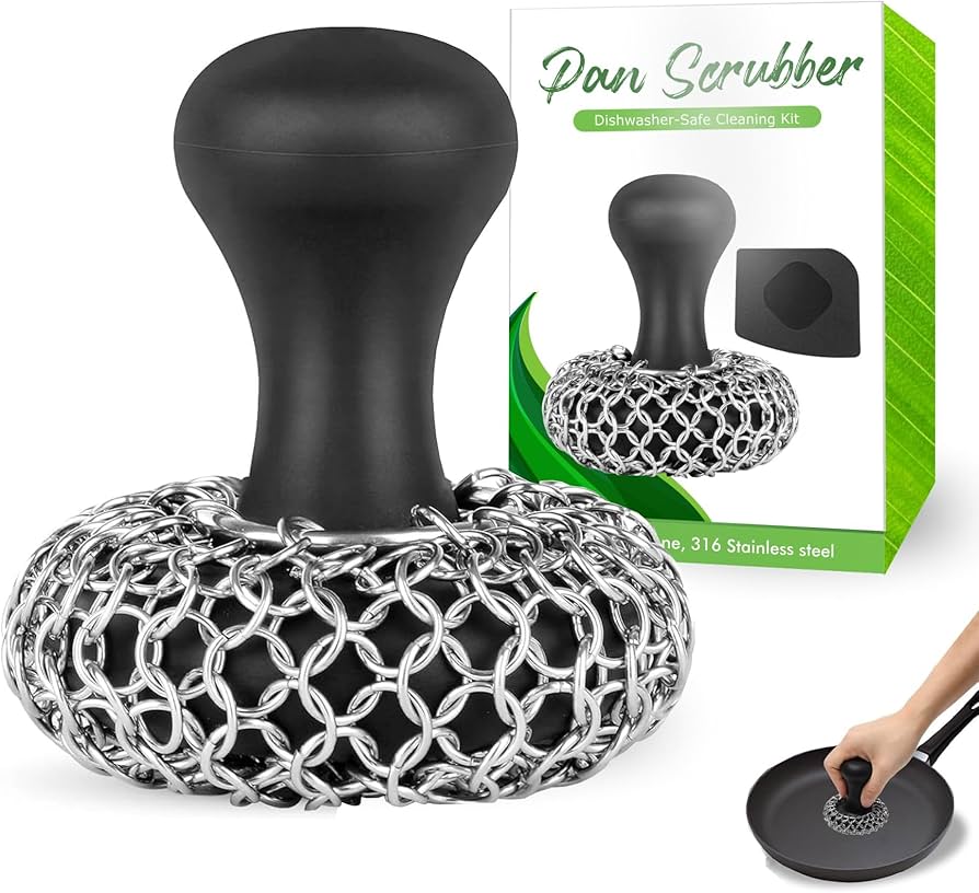 316L Stainless Steel Chainmail Scrubber – Cast Iron Skillet, Pan & Grill Cleaner (Dishwasher Safe)