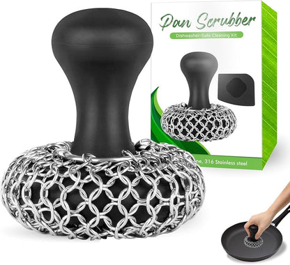 316L Stainless Steel Chainmail Scrubber – Cast Iron Skillet, Pan & Grill Cleaner (Dishwasher Safe)