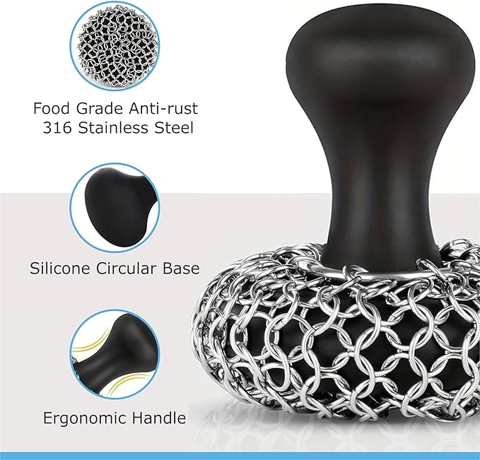 316L Stainless Steel Chainmail Scrubber – Cast Iron Skillet, Pan & Grill Cleaner (Dishwasher Safe)