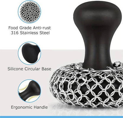 316L Stainless Steel Chainmail Scrubber – Cast Iron Skillet, Pan & Grill Cleaner (Dishwasher Safe)