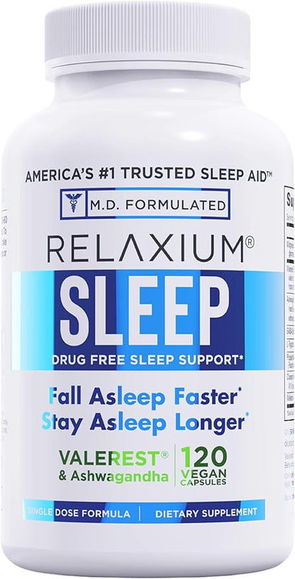 Relaxium Sleep Supplement for Adults – Melatonin, Magnesium Glycinate, Ashwagandha & Valerest, 120 Capsules