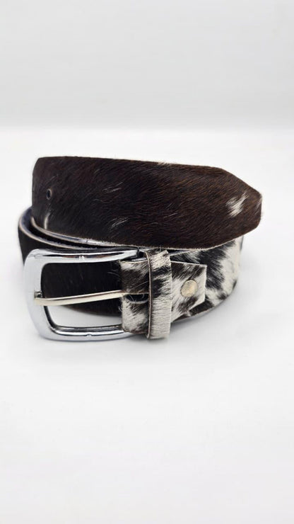 Handmade Black & White Cowhide Leather Belt – Hair-On Hide with Silver Buckle