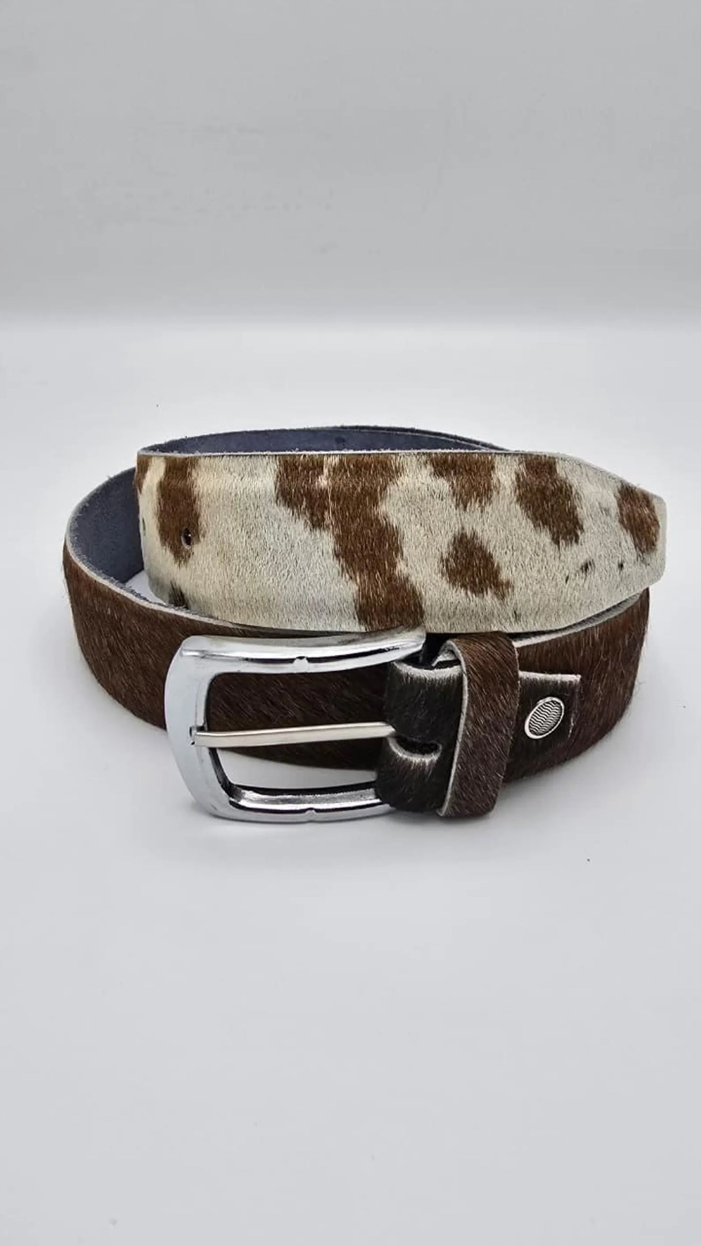 Handmade Cowhide Leather Belt – Brown & White Hair-On Hide with Chrome Buckle