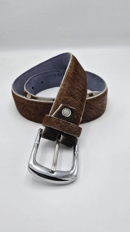 Handmade Cowhide Leather Belt – Brown & White Hair-On Hide with Chrome Buckle