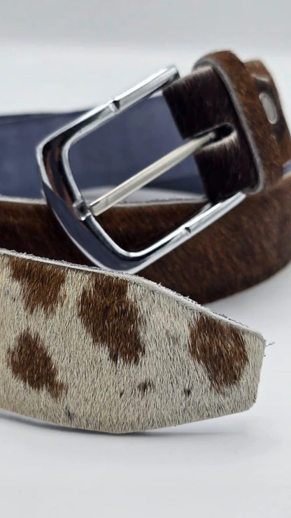 Handmade Cowhide Leather Belt – Brown & White Hair-On Hide with Chrome Buckle