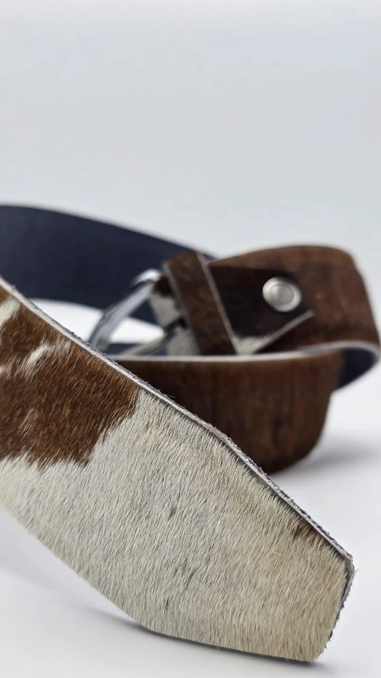Handmade Cowhide Leather Belt – Brown & White Hair-On Hide with Chrome Buckle