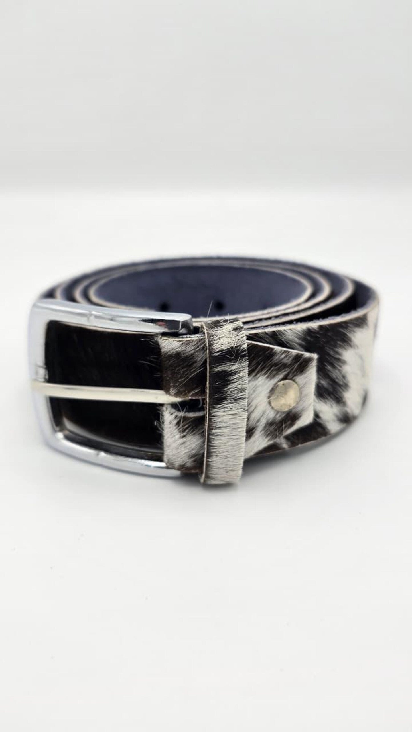Handmade Black & White Cowhide Leather Belt – Hair-On Hide with Silver Buckle