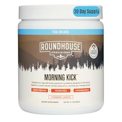 Roundhouse Provisions Morning Kick Greens Superfood Powder – Zero Sugar, Strawberry Lemonade, 30 Servings