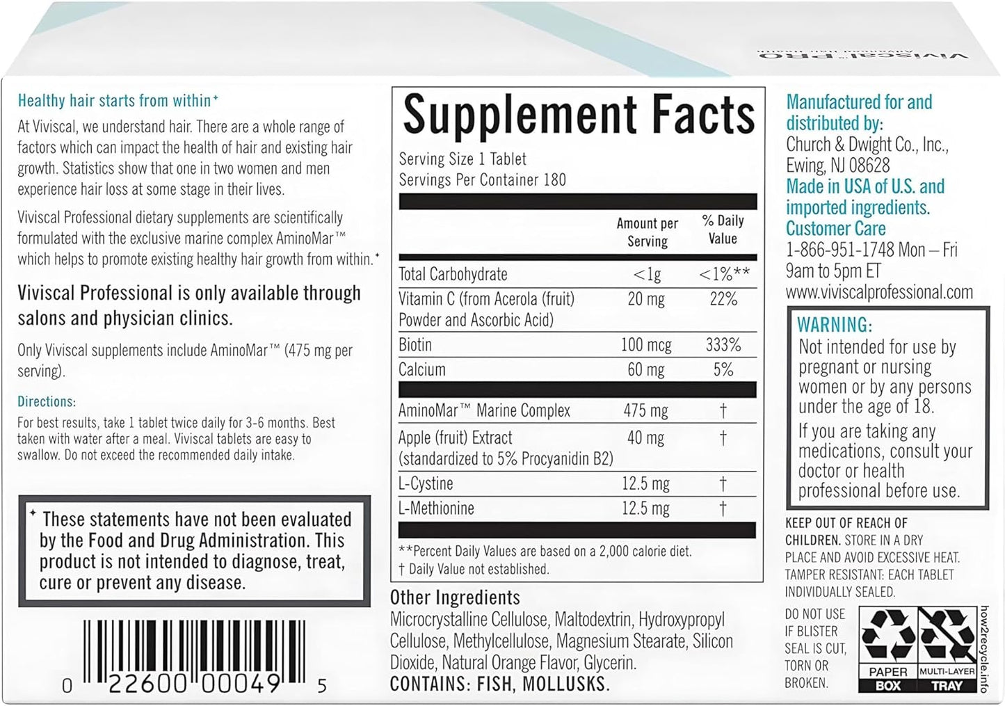 Viviscal Professional Dietary Supplement for Hair Growth – 180 Tablets | Advanced Hair Growth Support by Viviscal