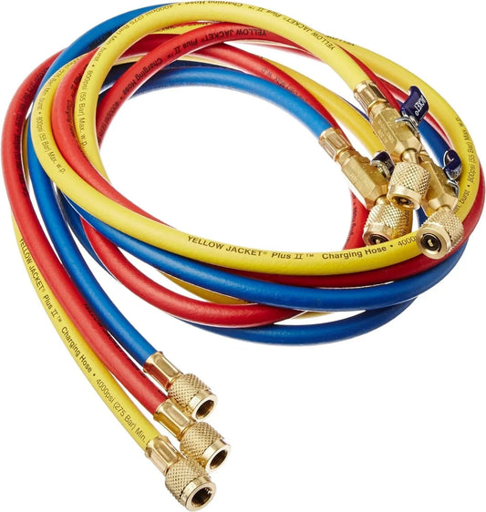 Yellow Jacket Plus II 29986 Ball Valve Hose Set – 72" 1/4" HVAC Refrigerant Hoses (3 Pack)